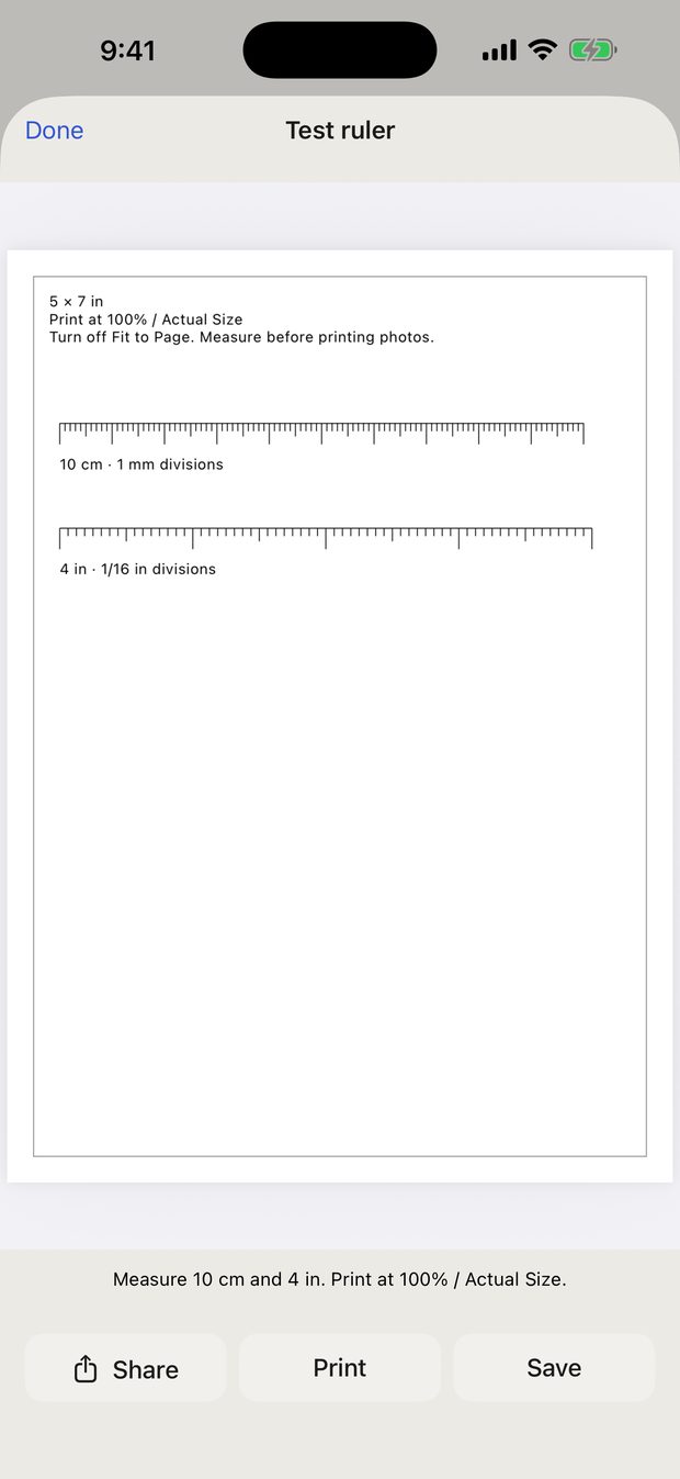 The free test ruler page with 10 centimetre and 4 inch scales